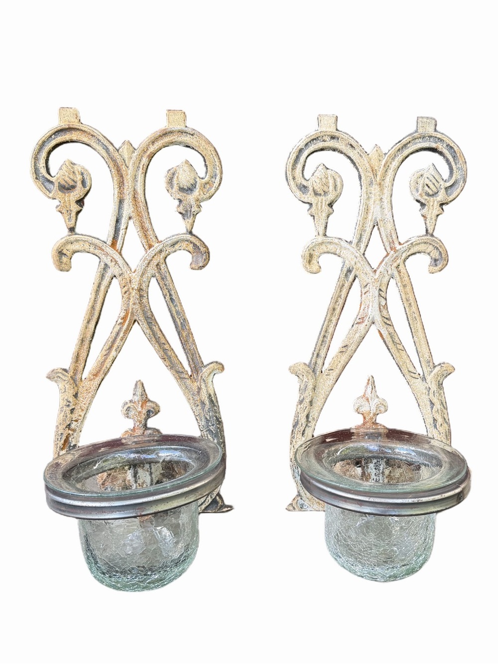 Vintage Cast Iron Candle Holders / Wall Planters / with Glass Cups (set of 2)